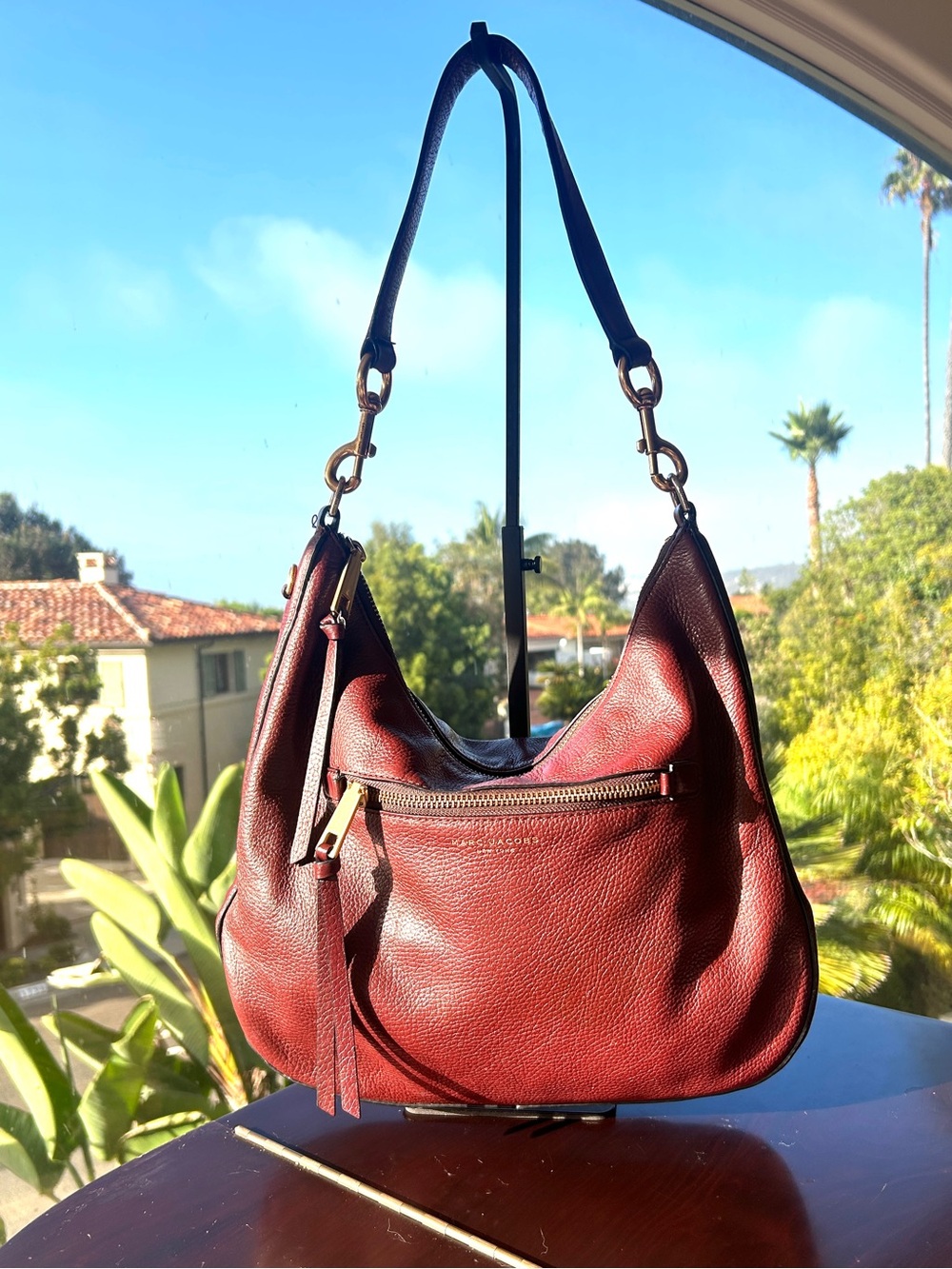 Marc Jacobs Recruit Pebbled Leather Hobo Bag Burgundy / Oxblood Authentic EUC